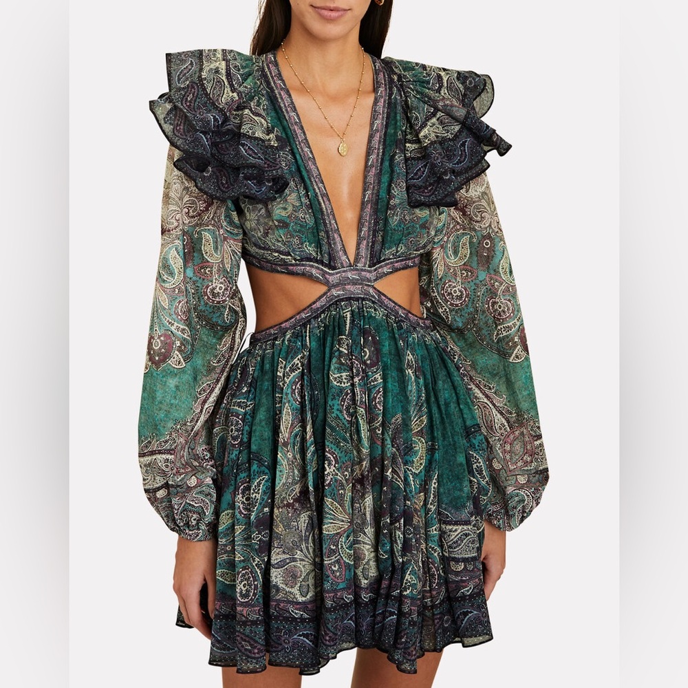 NWT Zimmermann Ruffle Mini Dress in Teal Paisley Zimmermann Size 2 - Picture 9 of 16